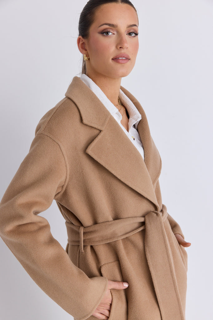 Tan Wool Blend Tan Wrap Coat Womens Wool Blend Camel Coloured Wool