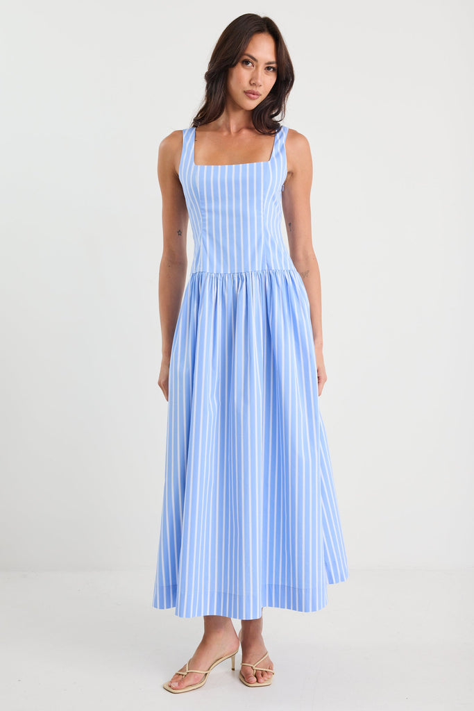 Shop Gilded Blue Stripe Sleeveless Square Neck Maxi Dress | Flo & Fran