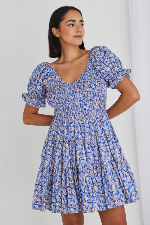 model in blue floral mini dress