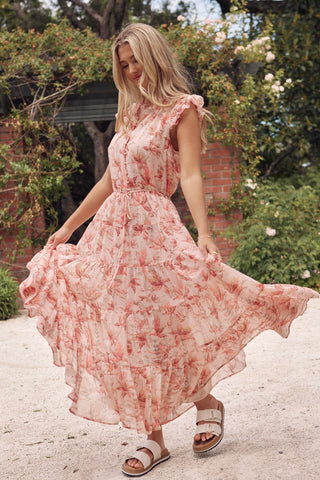 Infatuation Peach Paradise Floral Flutter Sleeve Tiered Maxi Dress