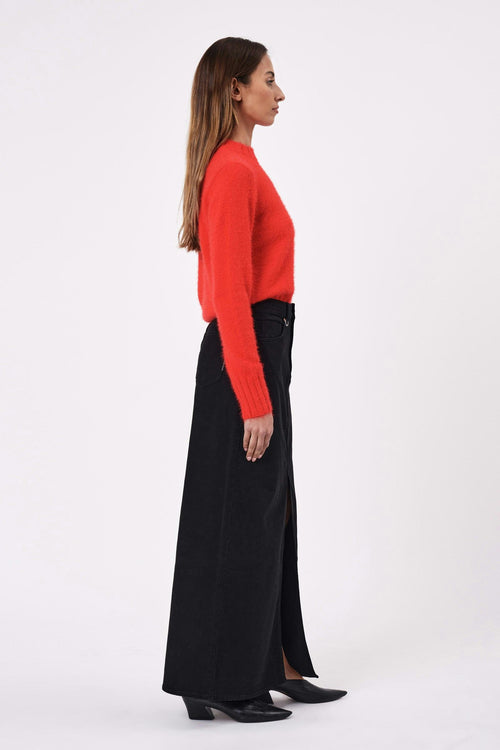 model wears a red knit 