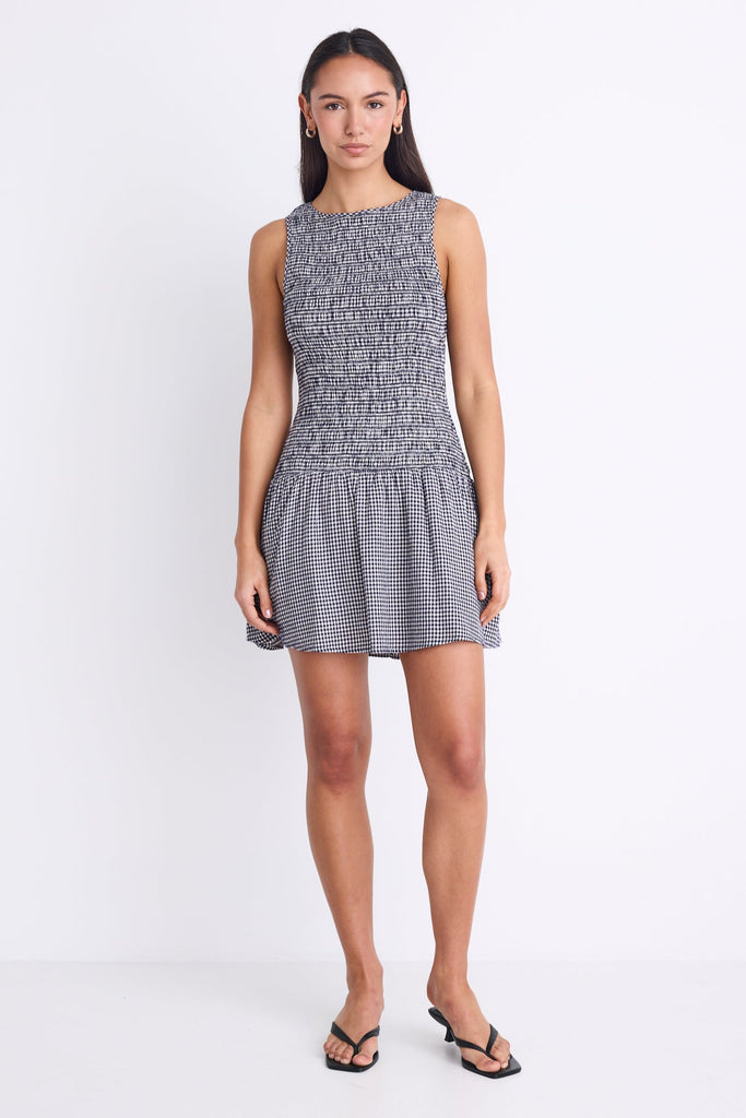 shirred gingham mini dress Shop Laurel Navy Mini Gingham Sleeveless Shirred Bodice Mini Dress