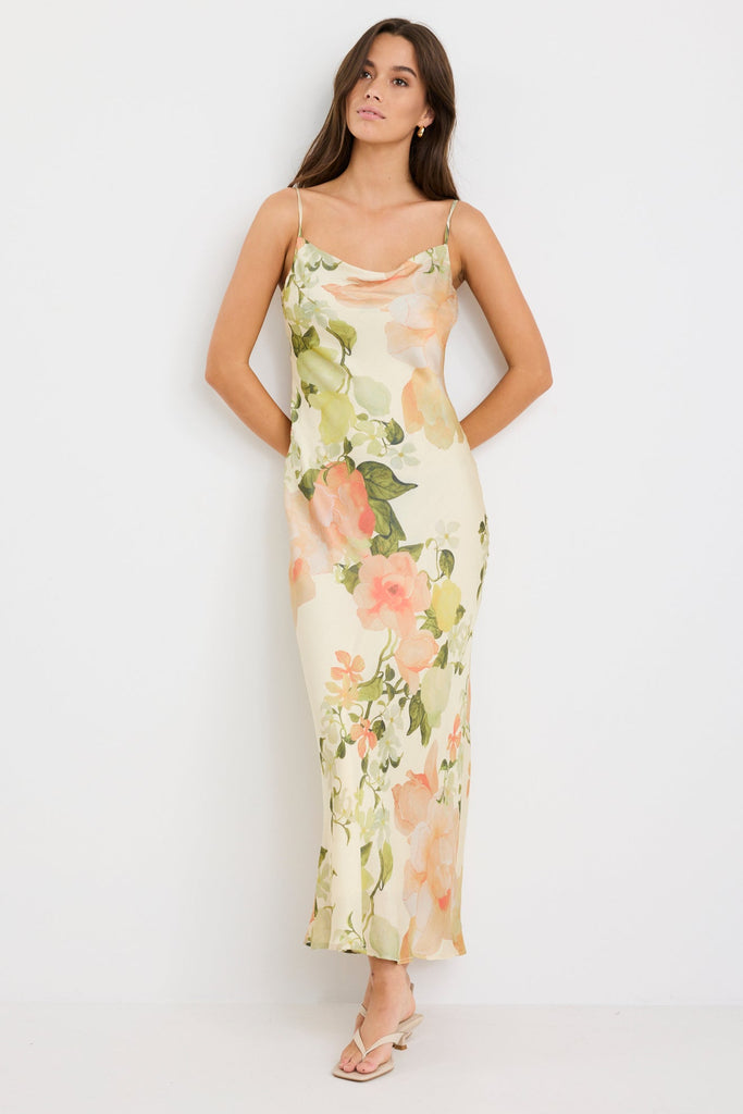 Shop Lavish Cream Peach Floral Tie Back Bias Slip Dress | Flo & Franki