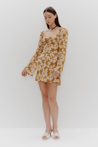 Model wears a brown floral mini dress