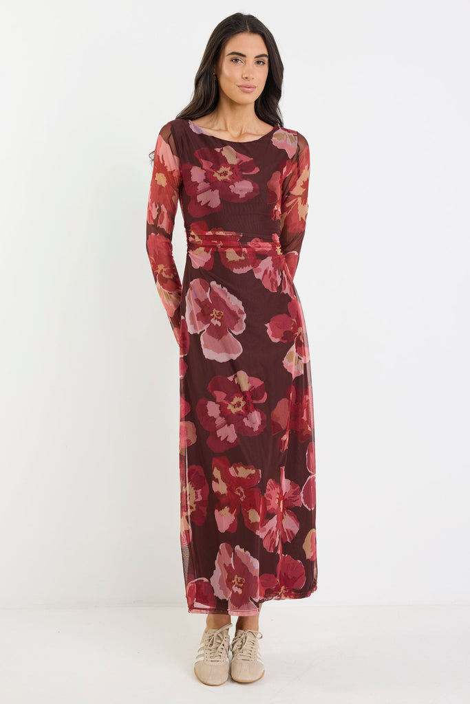 long sleeve red floral maxi dress Shop Location Chocolate Red Floral Mesh Boatneck Maxi Dress