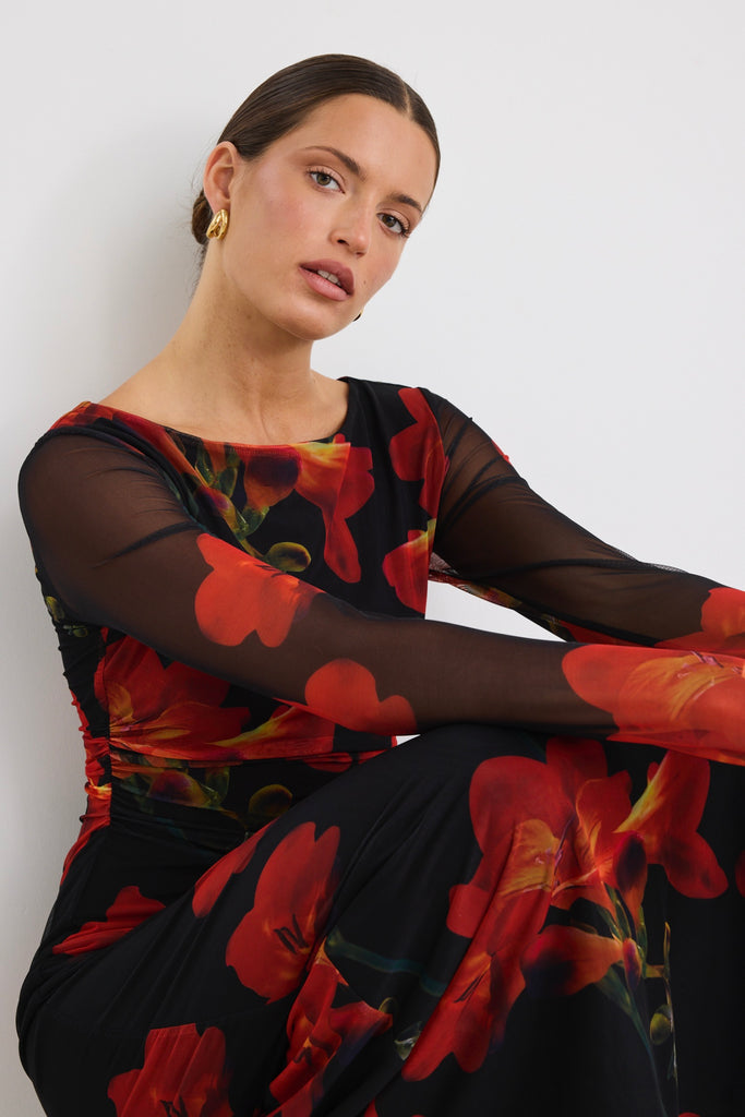 Shop Location Red Floral Mesh LS Wide Neck Midi Dress