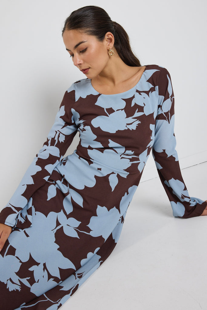 BROWN BLUE FLORAL MAXI DRESS