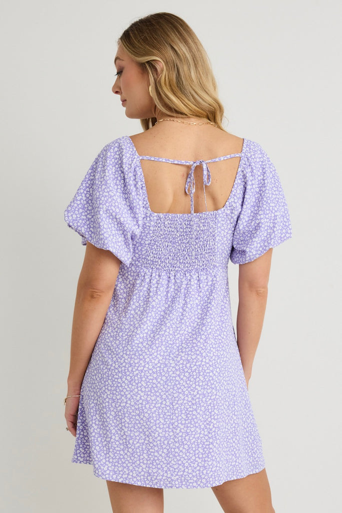 Shop Mayhem Lilac Ditsy Floral Square Neck Puff Sleeve Mini Dress Fl 5534