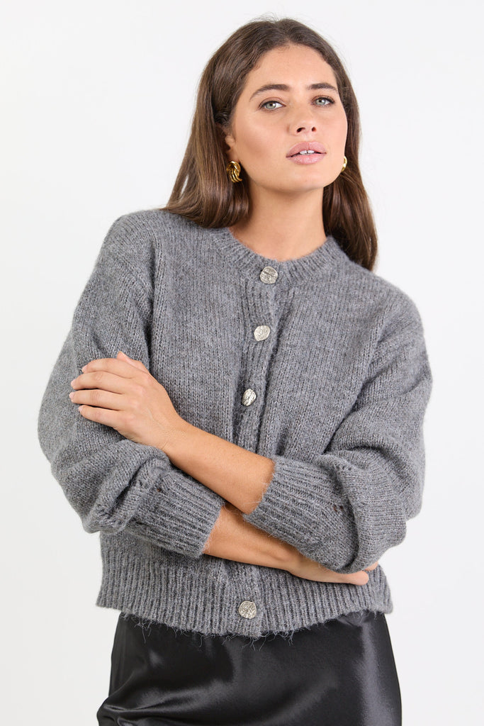 Mirage Grey Marle Fluffy Crewneck Cardig | Flo & Frankie