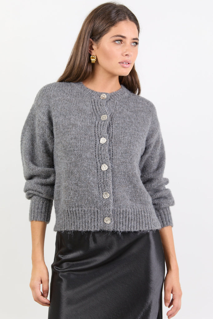 Shop Mirage Grey Marle Fluffy Crewneck Cardigan | Flo & Frankie