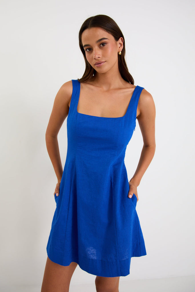 Shop Moonlit Electric Blue Sleeveless Square Neck Mini Dress