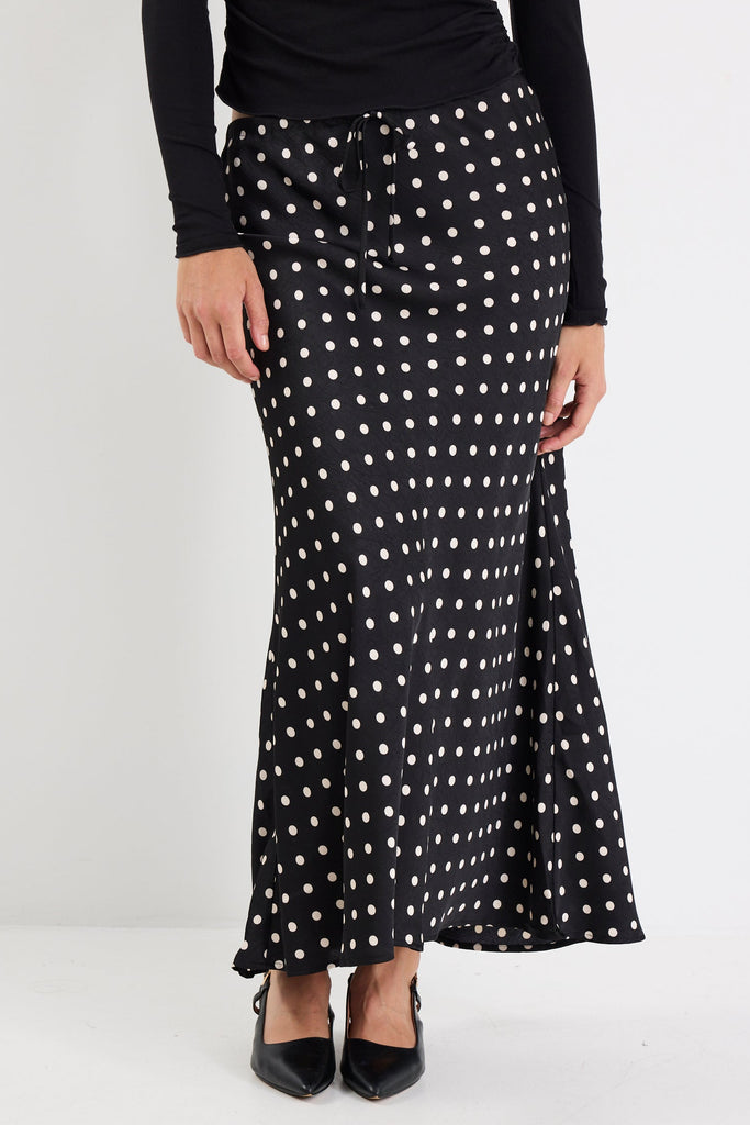 Shop Rarity Black White Polka Dot Satin Tie Waist Bias Maxi Skirt