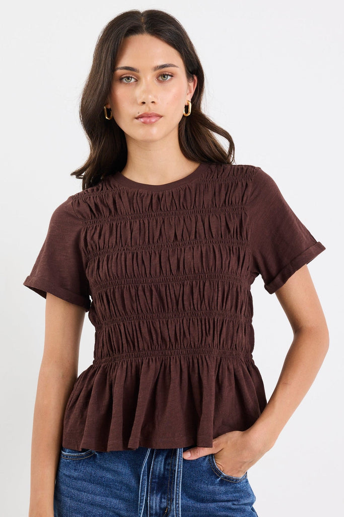 Neat Chocolate Slub Shirred Detail SS Te | Flo & Frankie