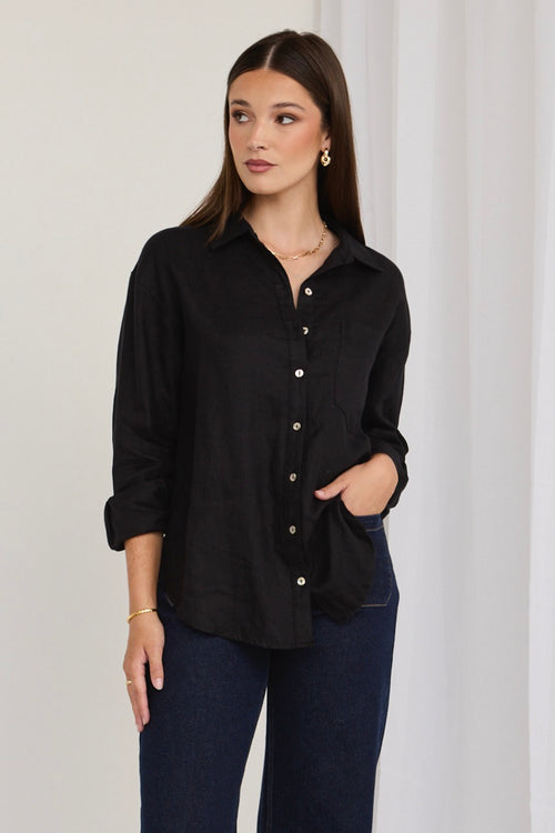model wears a black shirt