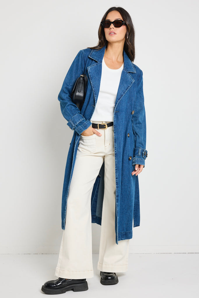 Shop Origin Storm Blue Denim Trench Coat Flo Frankie