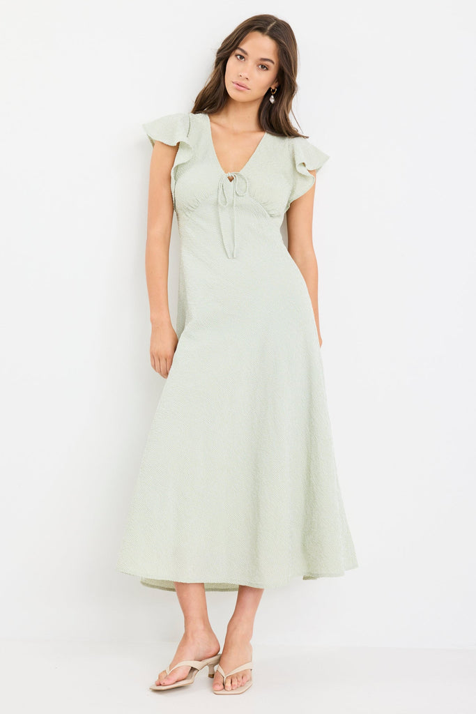 sage green bardot frill sleeve draped midi dress Shop Ovation Sage Gingham Flutter SS Keyhole Tie Midi Dress