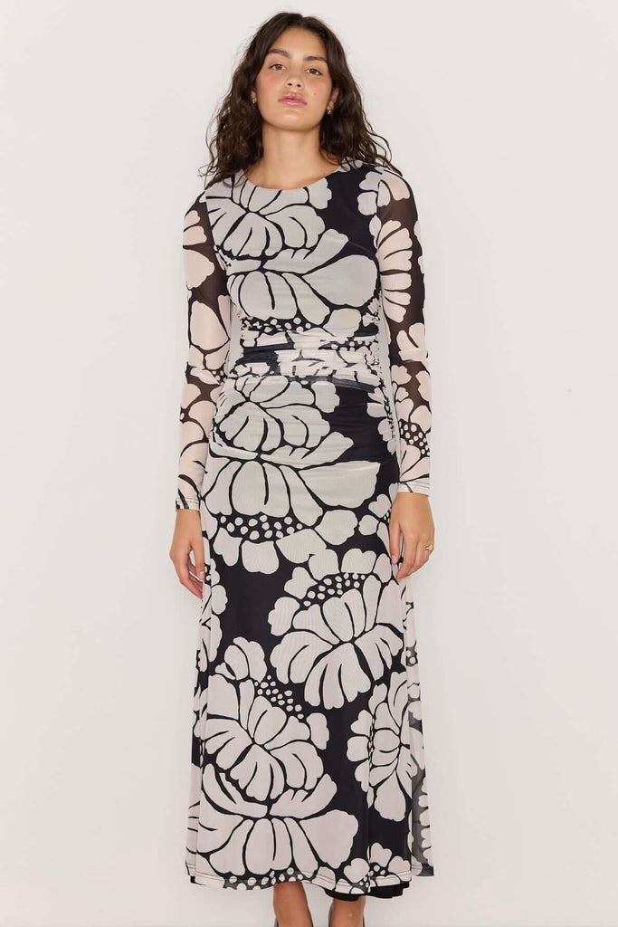 strapless open back dress Shop Persephone Black Floral Mesh Maxi Dress main image 1