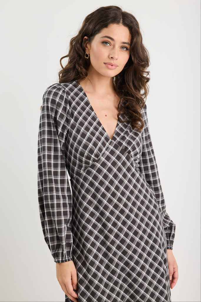 Shop Phoenix Black White Check Balloon Sleeve Midi Dress