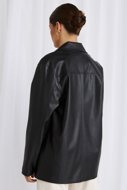 model wears a PU leather jacket