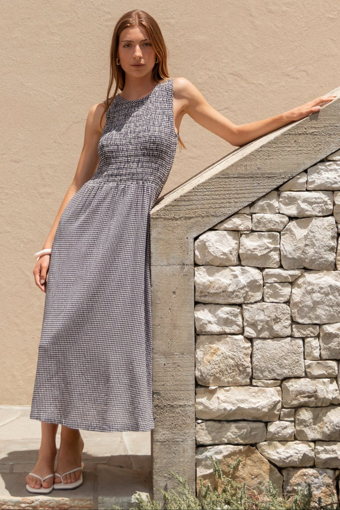 Bryar Navy Mini Gingham Sleeveless Shirr | Flo & Frankie