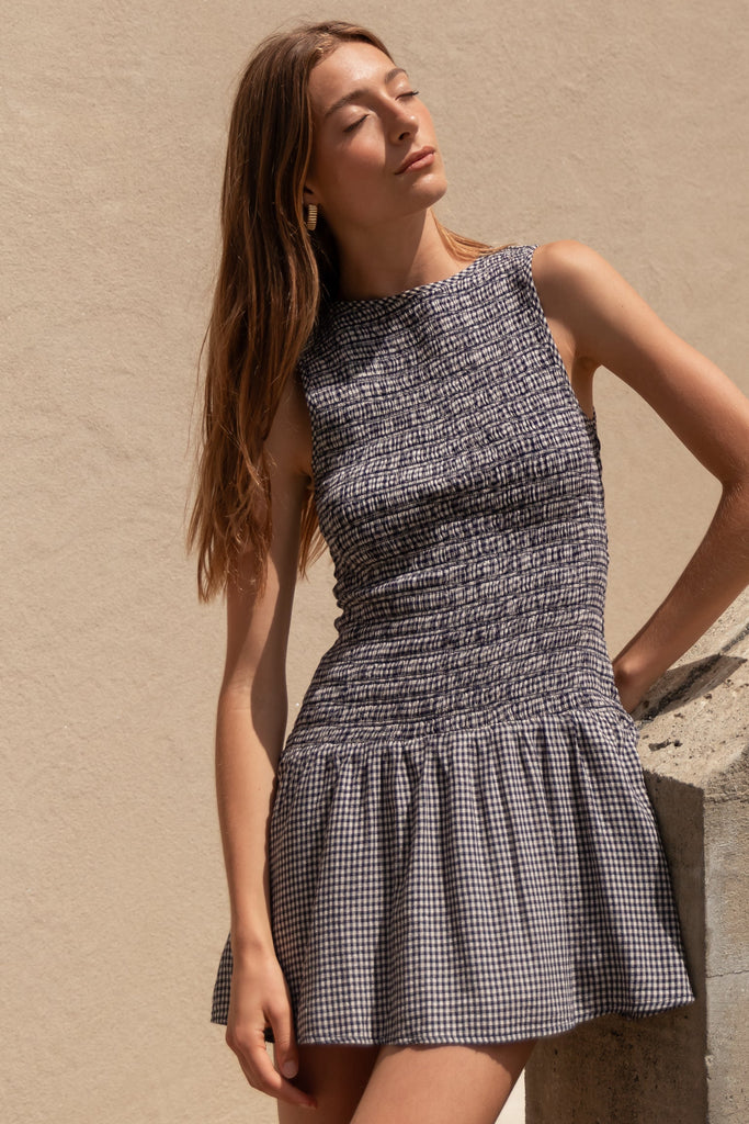 Laurel Navy Mini Gingham Sleeveless Shir | Flo & Frankie