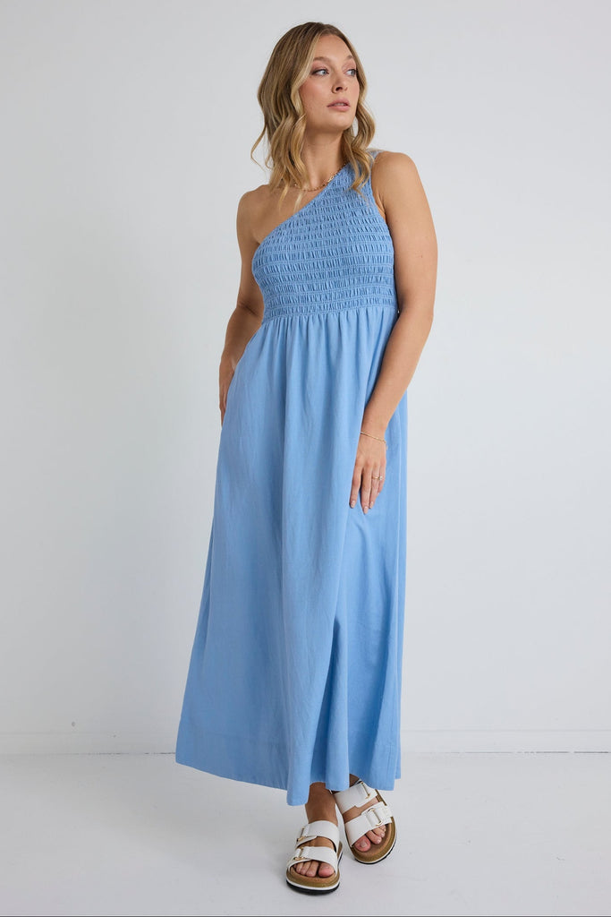 Shop Rare Sky Blue One Shoulder Shirred Bodice Maxi Dress