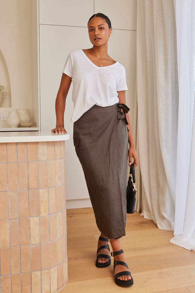 Grounded Khaki Linen Wrap Cargo Midi Skirt