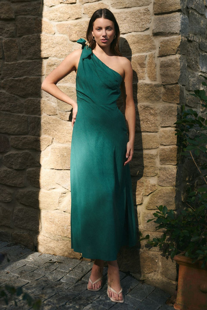 slim fit dress slacks Shop Mirror Forest Linen Blend One Shoulder Bow Midi Dress