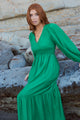Spark Palm Green Textured LS Deep V Midi Dress