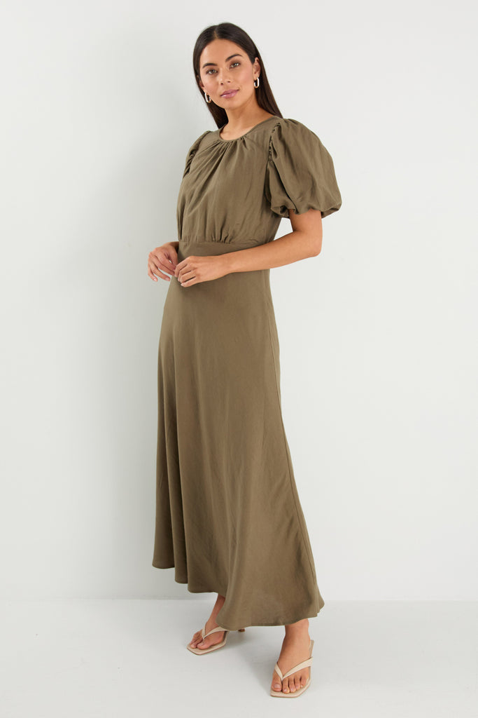 Shop Stage Khaki Linen Blend Puff Sleeve Floaty Maxi Dress | Flo & Fra