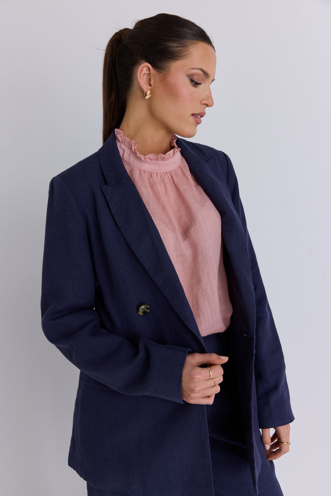 Shop Superior Navy Linen Structured Blazer Flo Frankie
