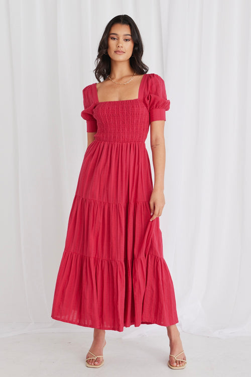 Tillie Raspberry Shirred Bodice SS Maxi Dress WW Dress Among the Brave   