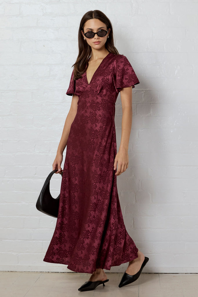 Tram Burgundy Jacquard Bias Flared Maxi
