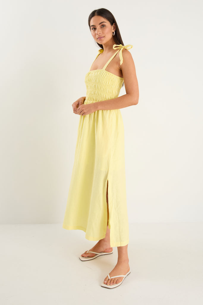 canary yellow maxi dress Shop Vacation Canary Yellow Strappy Shirred Midi Dress