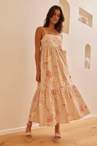 Venus Natural Flower Strappy Tiered Maxi Dress WW Dress By Rosa.   