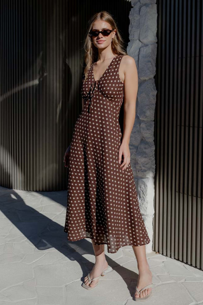 chocolate polka dot one shoulder ruffle detail pleated midi dress Shop Infinity Chocolate Polka Dot Sleeveless Bias Midi Dress