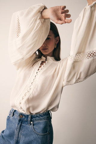 model wears a white blouse
