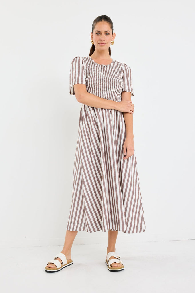 knee length dresses for ladies Shop Wren Chocolate Stripe Cotton SS Shirred Bodice Midi Dress