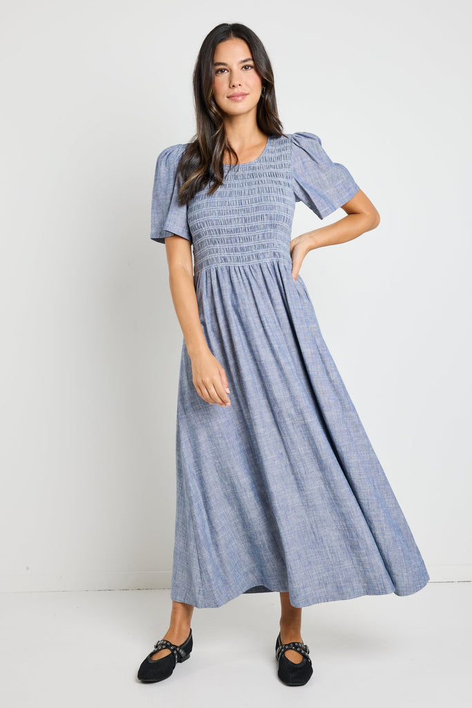 Shop Wren Chambray Blue SS Shirred Bodice Midi Dress | Flo & Frankie