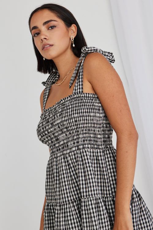 Arabella Black Gingham Shirred Tie Strappy Mini Dress WW Dress Ivy + Jack   