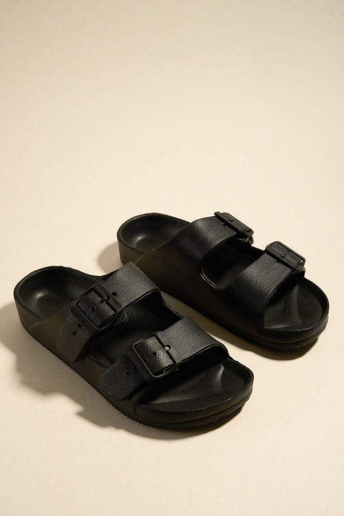 Double Buckle Black Sliders With Buckle Lemonade Crystal Textured