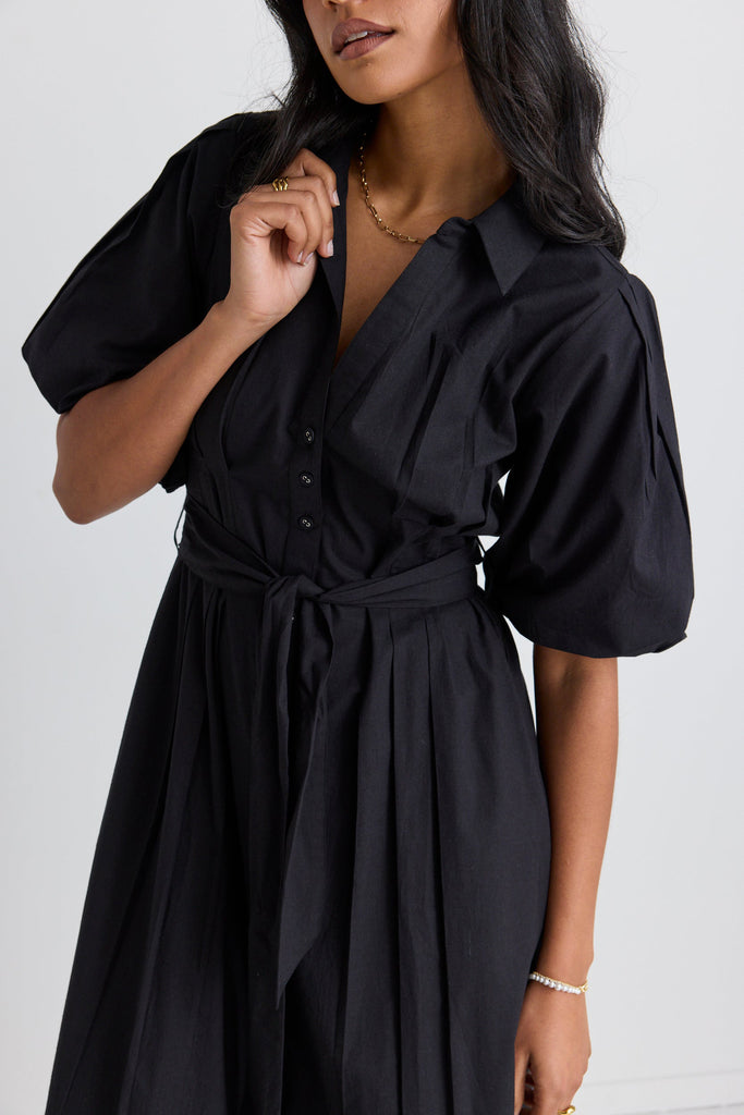 dark sea blue hand block printed frill collared maxi dress - 3/4th button sleeves
