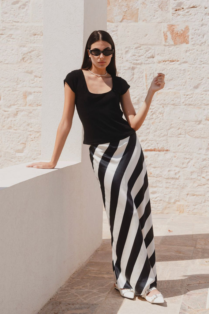 Shop Fiery Black White Stripe Satin Bias Maxi Skirt Flo Frankie