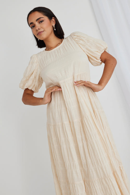 Graceful Ecru Shirred Cotton Bubble Sleeve Tiered Maxi Dress WW Dress Ivy + Jack   