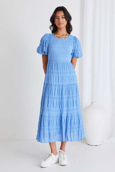 Graceful French Blue Shirred Cotton Bubble Sleeve Tiered Maxi Dress
