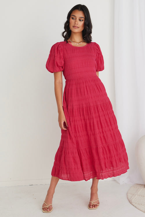 Graceful Raspberry Shirred Cotton Bubble Sleeve Tiered Maxi Dress WW Dress Ivy + Jack   