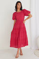 Graceful Raspberry Shirred Cotton Bubble Sleeve Tiered Maxi Dress
