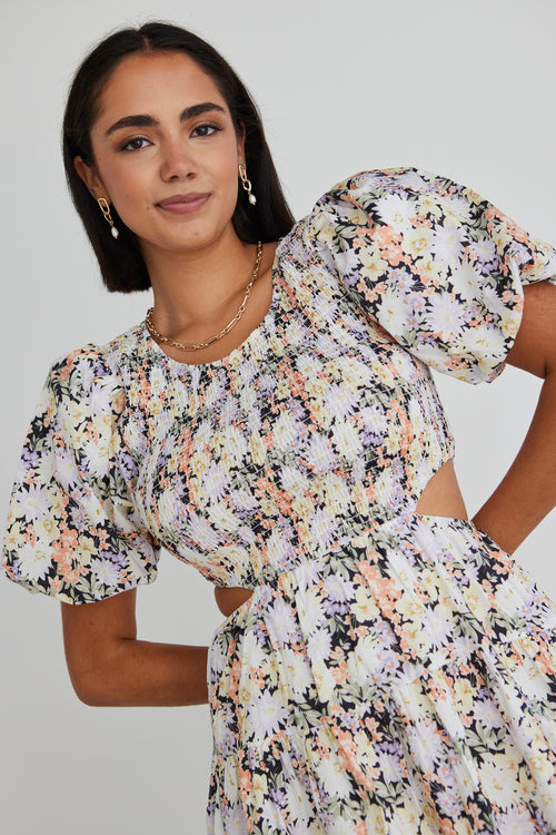 Hailey Black Floral Shirred Cotton Puff Ss Waist Cut Out Tiered Mini Dress WW Dress Ivy + Jack   