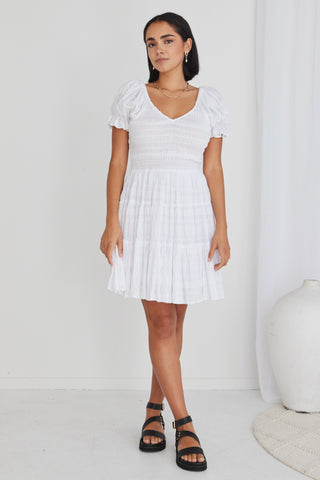 Heidi White Shirred Cotton SS V Neck Shirred Bodice Mini Dress WW Dress Ivy + Jack   