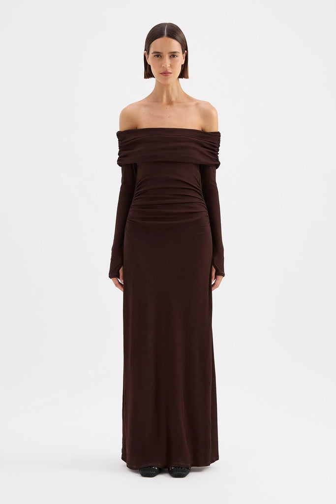 Shop Rue Raisin Mesh Off Shoulder LS Maxi Dress